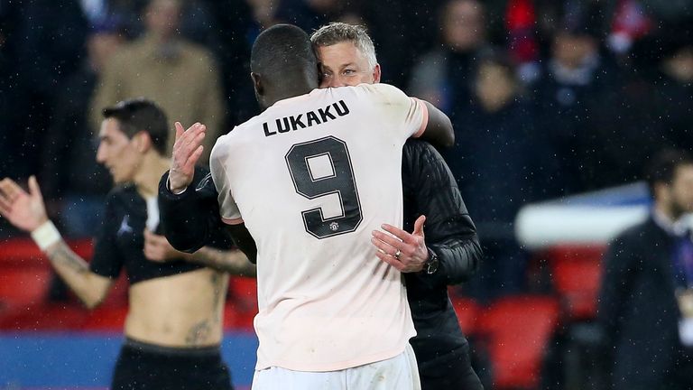 Coach of Manchester United Ole Gunnar Solskjaer and Romelu Lukaku of Manchester United celebrate the victory following the UEFA Champions League Round of 16 Second Leg match between Paris Saint-Germain (PSG) and Manchester United at Parc des Princes stadium on March 6, 2019 in Paris, France