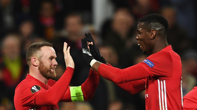 Wayne Rooney of Manchester United celebrates with Paul Pogba as he scores their first goal during the UEFA Europa League Group A match between Manchester United FC and Feyenoord at Old Trafford on November 24, 2016 in Manchester, England.