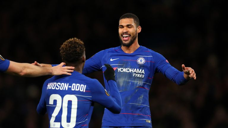 Ruben Loftus-Cheek of Chelsea celebrates with Callum Hudson-Odoi of Chelsea during the UEFA Europa League Round of 16 First Leg match between Chelsea and Dynamo Kyiv at Stamford Bridge on March 07, 2019 in London, England.