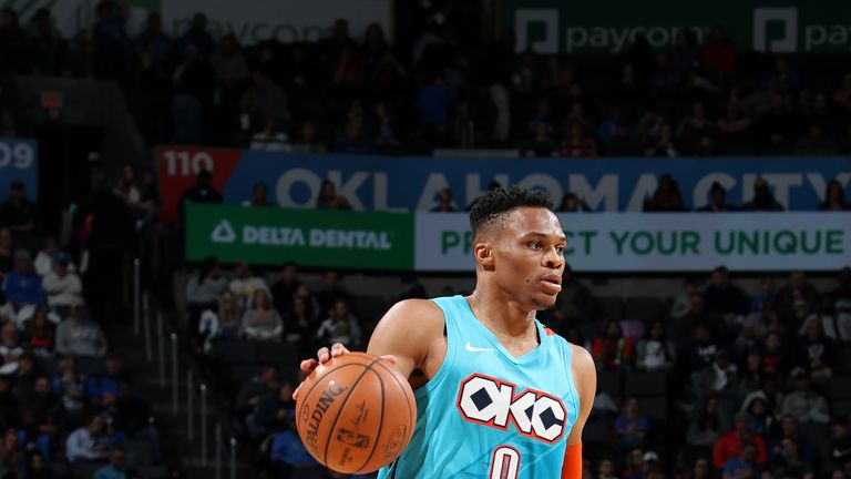 Russell Westbrook #0 of the Oklahoma City Thunder handles the ball against the Memphis Grizzlies on March 3, 2019 at Chesapeake Energy Arena in Oklahoma City, Oklahoma