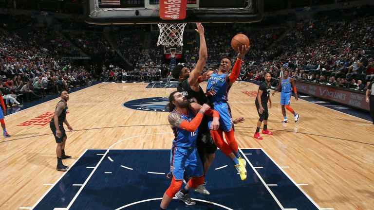 Russell Westbrook of the Oklahoma City Thunder shoots the ball against the Minnesota Timberwolves 