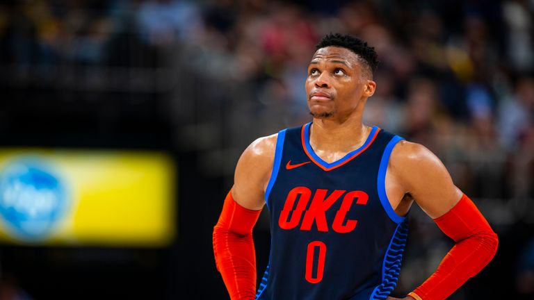Russell Westbrook #0 of the Oklahoma City Thunder looks on against the Indiana Pacers on March 14, 2019 at Bankers Life Fieldhouse in Indianapolis, Indiana