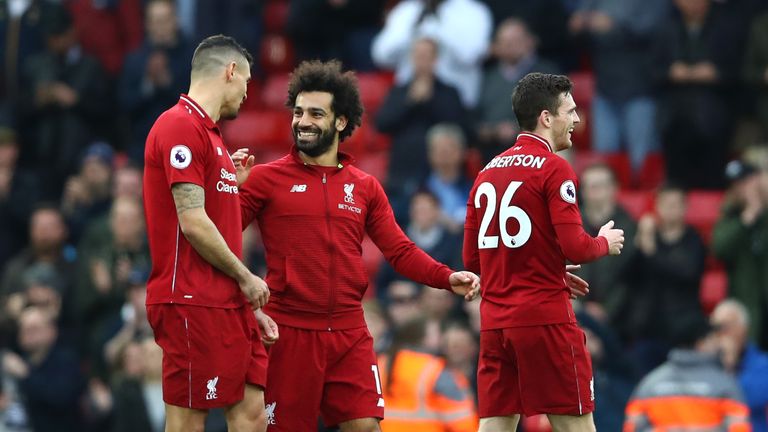 Mohamed Salah of Liverpool celebrates during the Premier League match between Liverpool FC and Tottenham Hotspur at Anfield on March 31, 2019 in Liverpool, United Kingdom