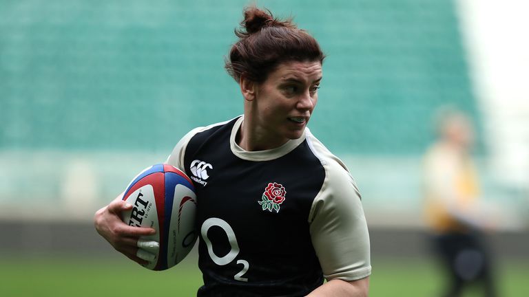 Sarah Hunter, the England captain, runs with the ball during the England Women's captain's run at Twickenham Stadium on March 15, 2019 in London, England.