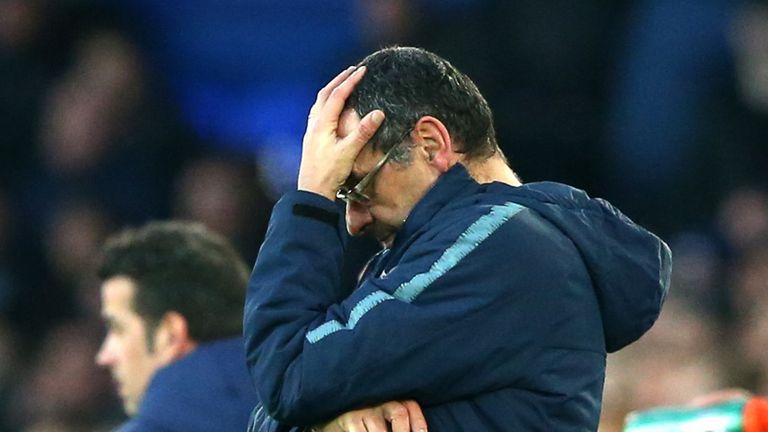 Maurizio Sarri manager of Chelsea reacts during the Premier League match between Everton FC and Chelsea FC at Goodison Park on March 17, 2019 in Liverpool, United Kingdom.
