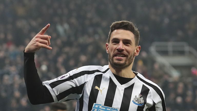 Fabian Schar of Newcastle United celebrates after he scores his sides third goal during the Premier League match between Newcastle United and Cardiff City