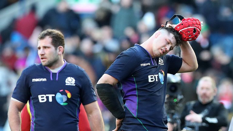 A dejected Grant Gilchrist reacts to Scotland's defeat to Wales at Murrayfield