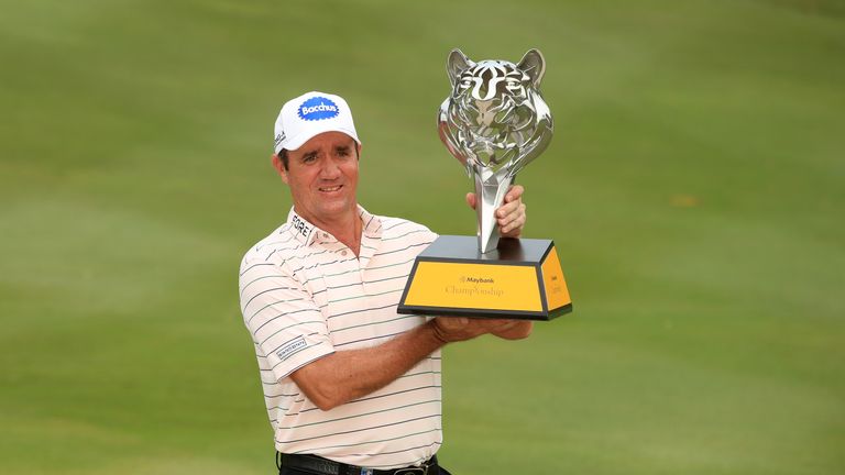 Scott Hend displays the trophy after winning the Maybank Championship