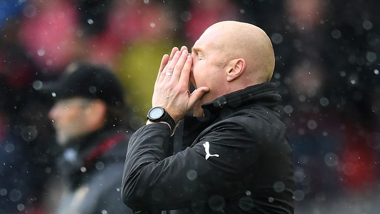 Sean Dyche, manager of Burnley reacts on during the Premier League match between Liverpool FC and Burnley FC at Anfield on March 10, 2019 in Liverpool, United Kingdom.