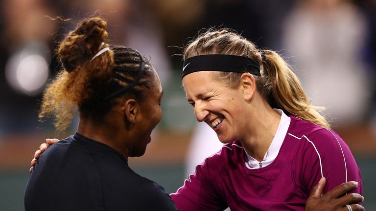 Serena Williams of the United States shares a moment with Victoria Azarenka of Belarus after their women's singles second round match on Day 5 of the BNP Paribas Open at the Indian Wells Tennis Garden on March 08, 2019 in Indian Wells, California. 