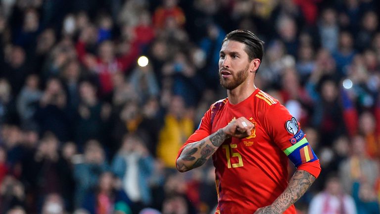 Sergio Ramos celebrates his goal against Norway