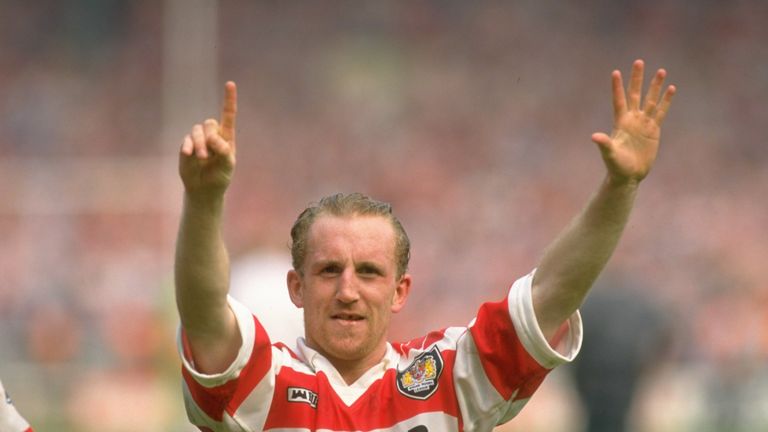Shaun Edwards of Wigan holds his arms aloft to form a six after the 1993 Challenge Cup final. It was the sixth successive win for Wigan in the Challenge Cup.