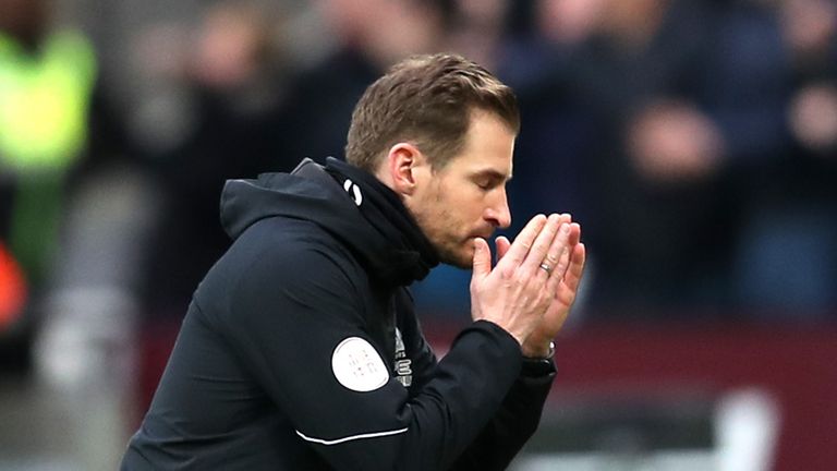 Jan Siewert, Manager of Huddersfield Town reacts during the Premier League match between West Ham United and Huddersfield Town at London Stadium on March 16, 2019 in London, United Kingdom. 