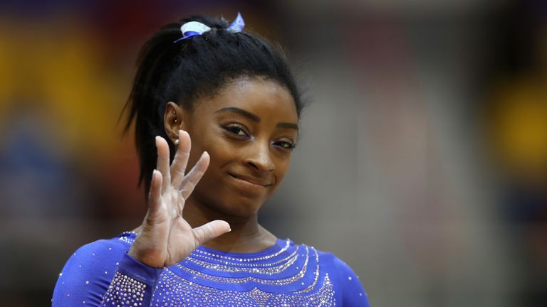Simone Biles of USA looks on after the Women's Qualification during day three of the 2018 FIG Artistic Gymnastics Championships at Aspire Dome on October 27, 2018 in Doha, Qatar