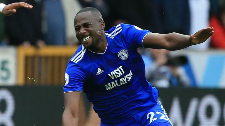 Sol Bamba goes down injured in Cardiff's 2-0 defeat to Wolves.