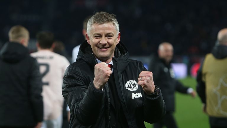 Ole Gunnar Solskjaer celebrates following Manchester United&#39;s 3-1 win over PSG in the Champions League.
