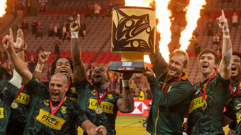 South Africa celebrate after defeating France in the final of the Canada Sevens