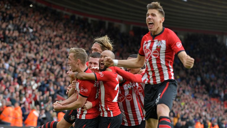 Southampton players celebrate after James Ward-Prowse gives them a 2-1 lead