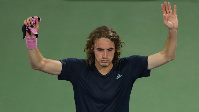 Stefanos Tsitsipas acknowledges the crowd after his win