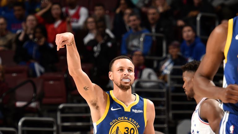 Stephen Curry #30 of the Golden State Warriors reacts to a play during the game against the Philadelphia 76ers on March 2, 2019 at the Wells Fargo Center in Philadelphia, Pennsylvania.
