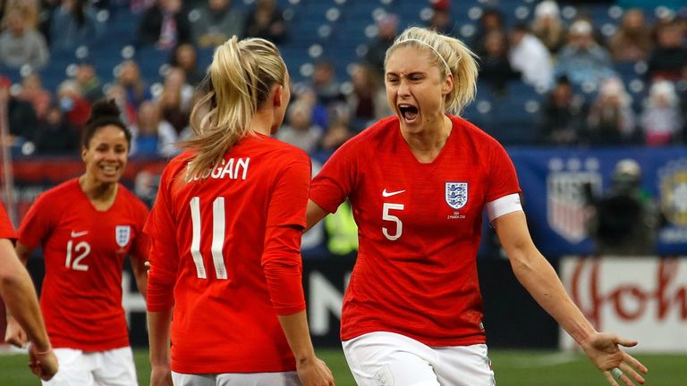 Steph Houghton #5 of England responds after scoring a goal in the 2019 SheBelieves Cup match between USA and England at Nissan Stadium on March 2, 2019 in Nashville, Tennessee