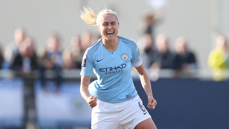 Steph Houghton of Manchester City celebrates after scoring their first goal during the SSE Women's FA Cup match between Tottenham Hotspur Ladies and Manchester City Women at Cheshunt Football Ground on February 17, 2019 in Cheshunt, England