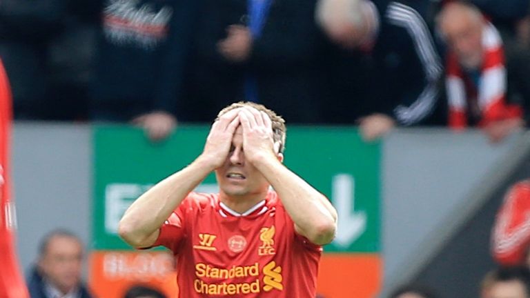 Liverpool's Steven Gerrard appears dejected, Liverpool vs Chelsea, Premier League, 27 April 2014