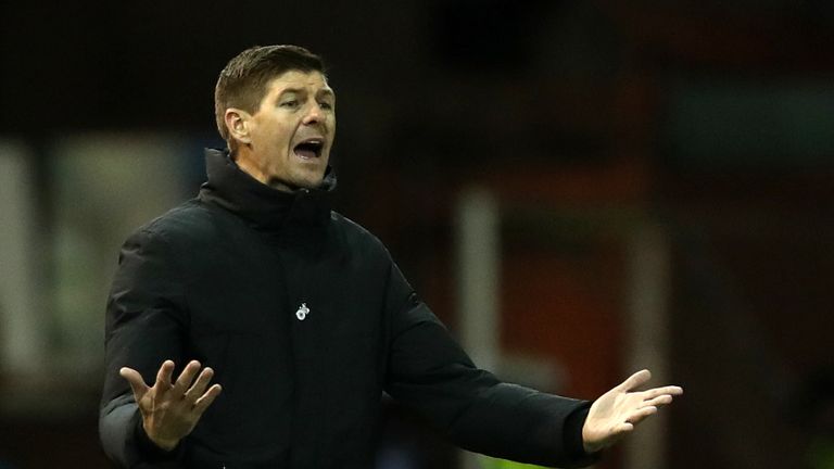 Steven Gerrard, Manager of Rangers reacts during the Scottish Cup 5th Round match between Kilmarnock and Rangers at Rugby Park on February 9, 2019 in Kilmarnock, Scotland.