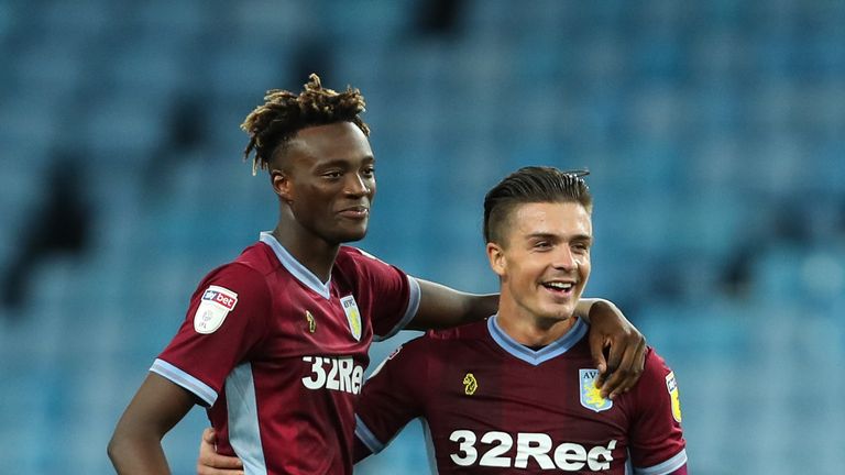 Tammy Abraham and Jack Grealish celebrate at full-time in Villa's 2-0 win over Rotherham on September 18, 2018