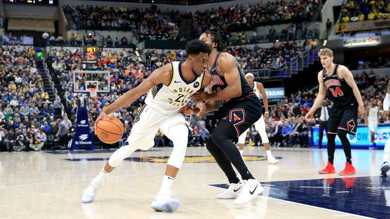 Thaddeus Young of the Indiana Pacers dribbles the ball against the Chicago Bulls