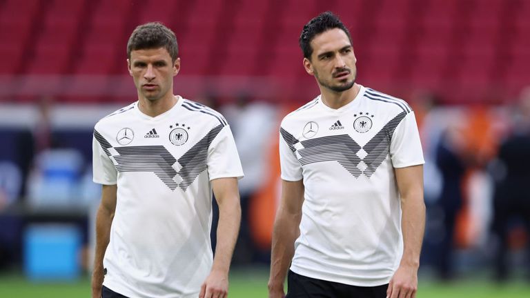 Thomas Muller and Mats Hummels during a Germany training session at Johan Cruyff Arena on October 12, 2018 in Amsterdam, Netherlands.