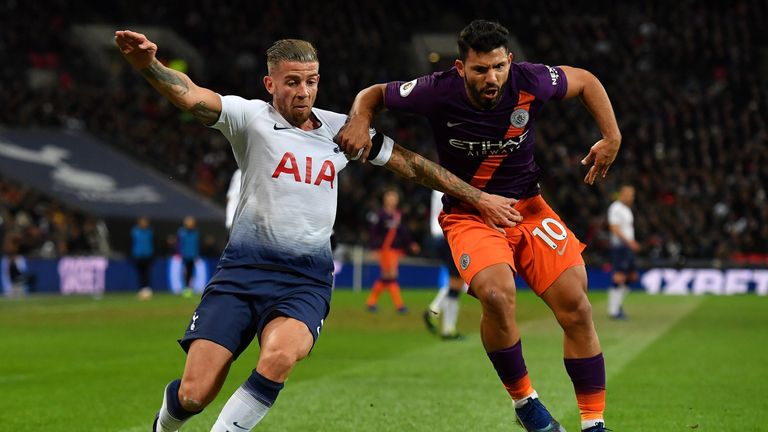 Toby Alderweireld and Sergio Aguero battle for possession during Tottenham vs Manchester City at Wembley