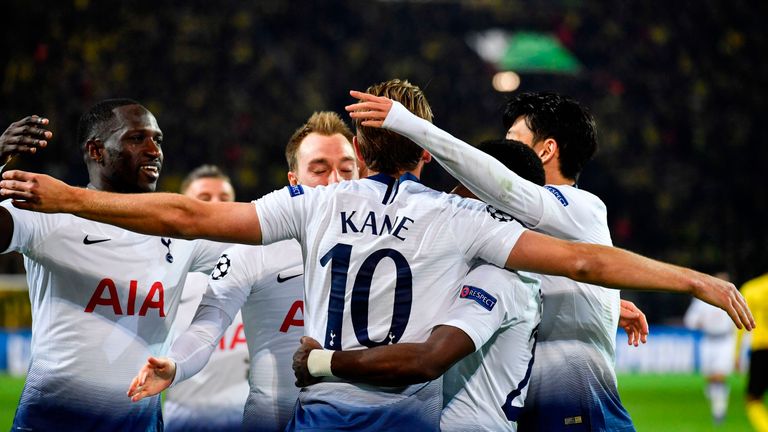 Harry Kane celebrates after scoring for Tottenham away to Borussia Dortmund in the Champions League