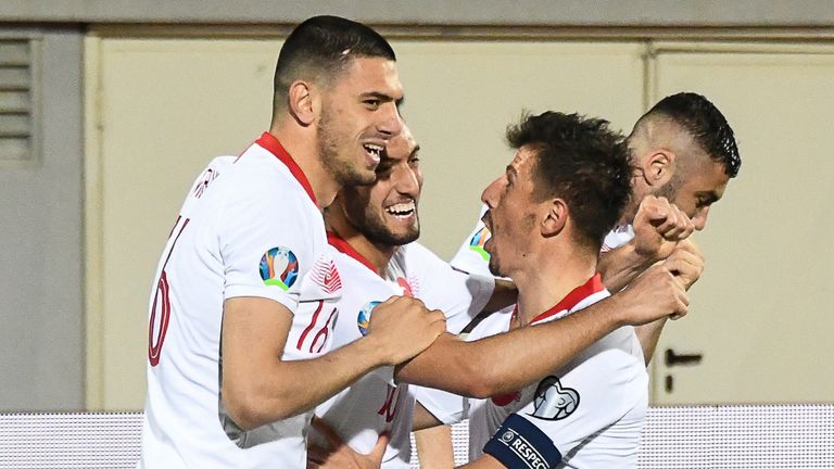 Turkey's players celebrate after scoring their opener against Albania