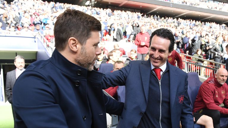 Unai Emery greets Mauricio Pochettino at Wembley