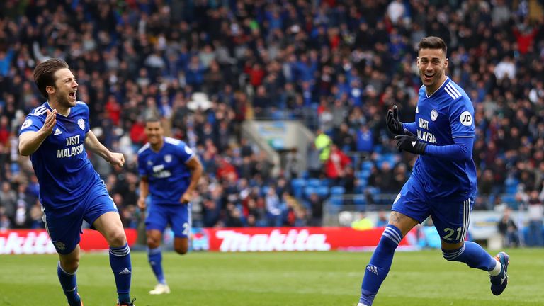 Víctor Camarasa celebrates scoring for Cardiff against Chelsea