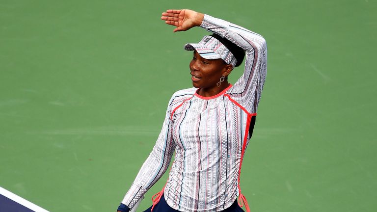 Venus Williams of the United States waves to the crowd after her straight sets victory against Christina McHale of the United States during their women's singles third round match on day eight of the BNP Paribas Open at the Indian Wells Tennis Garden on March 11, 2019 in Indian Wells, California.