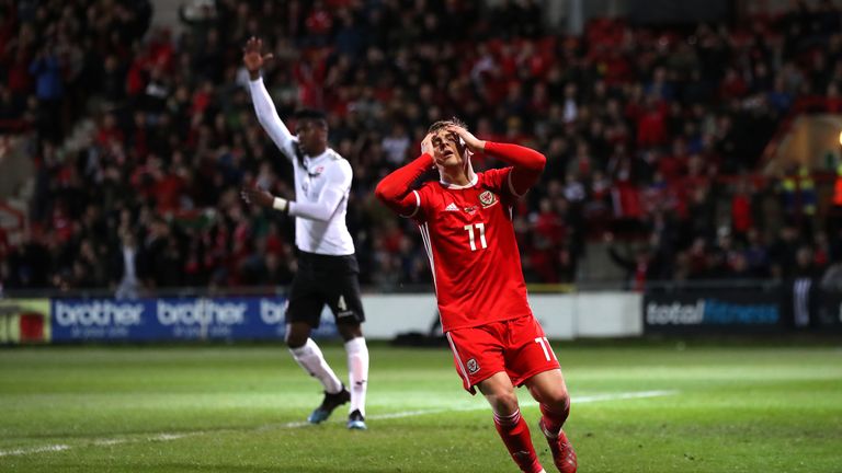 Wales' George Thomas reacts after seeing his goal disallowed for being offside against Trinidad and Tobago