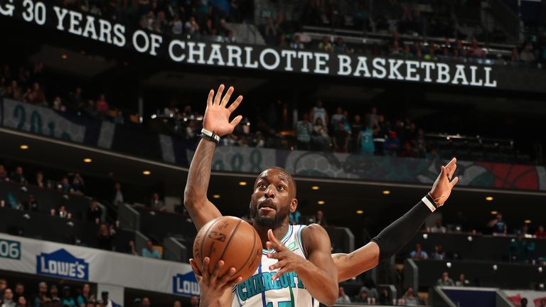 CHARLOTTE, NC - MARCH 23: Kemba Walker #15 of the Charlotte Hornets shoots the ball against the Boston Celtics on March 23, 2019 at Spectrum Center in Charlotte, North Carolina. NOTE TO USER: User expressly acknowledges and agrees that, by downloading and or using this photograph, User is consenting to the terms and conditions of the Getty Images License Agreement.  Mandatory Copyright Notice: Copyright 2019 NBAE (Photo by Kent Smith/NBAE via Getty Images) 