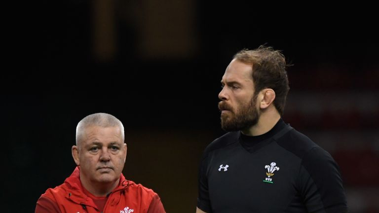 Wales coach Warren Gatland (l) and captain Alun Wyn Jones look on during training ahead of their International tomorrow against The New Zealand All Blacks at Principality Stadium on November 24, 2017 in Cardiff, Wales. 