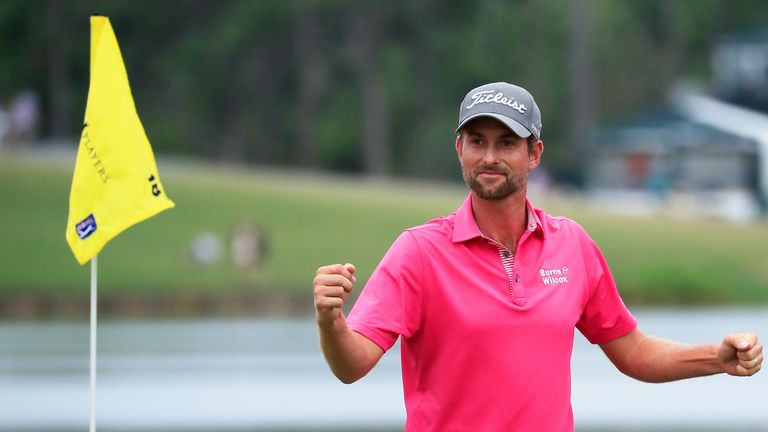 PONTE VEDRA BEACH, FL - MAY 13:  Webb Simpson of the United States celebrates with his caddie Paul Tesori on the 18th green after winning during the final round of THE PLAYERS Championship on the Stadium Course at TPC Sawgrass on May 13, 2018 in Ponte Vedra Beach, Florida.  (Photo by Cliff Hawkins/Getty Images)