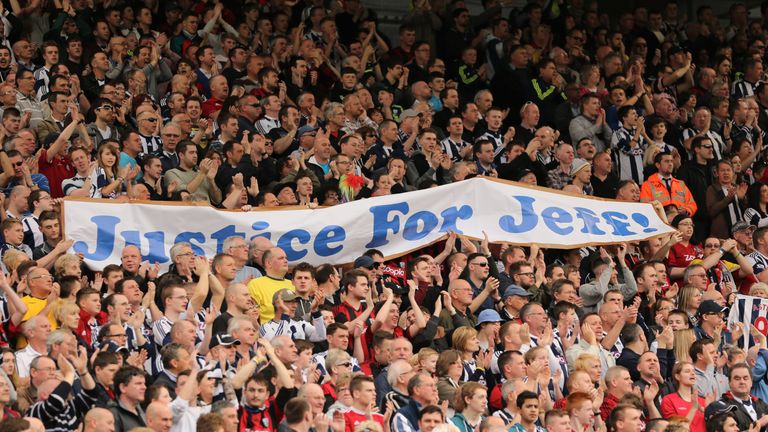 West Brom fans hold up a 'Justice For Jeff' banner for Jeff Astle back in 2014 to raise awareness of dementia in footballers.
