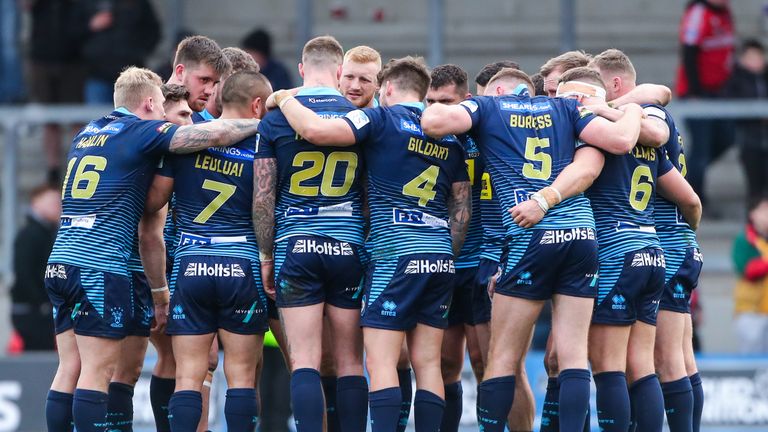 Picture by Alex Whitehead/SWpix.com - 24/03/2019 - Rugby League - Betfred Super League - Salford Red Devils v Wigan Warriors - AJ Bell Stadium, Salford, England - Wigan players following the win.