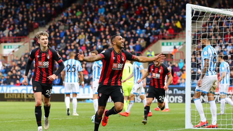 Bournemouth&#39;s Callum Wilson celebrates following his goal against Huddersfield.