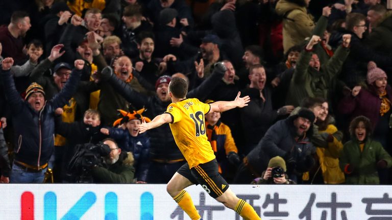 Diogo Jota celebrates scoring for Wolves against Manchester United in the FA Cup quarter-final at Molineux