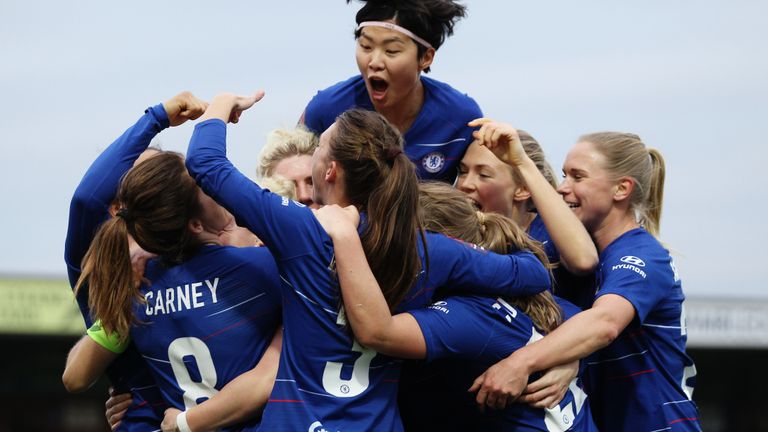 Chelsea Women celebrate a goal against Everton Women in the Women's Superleague
