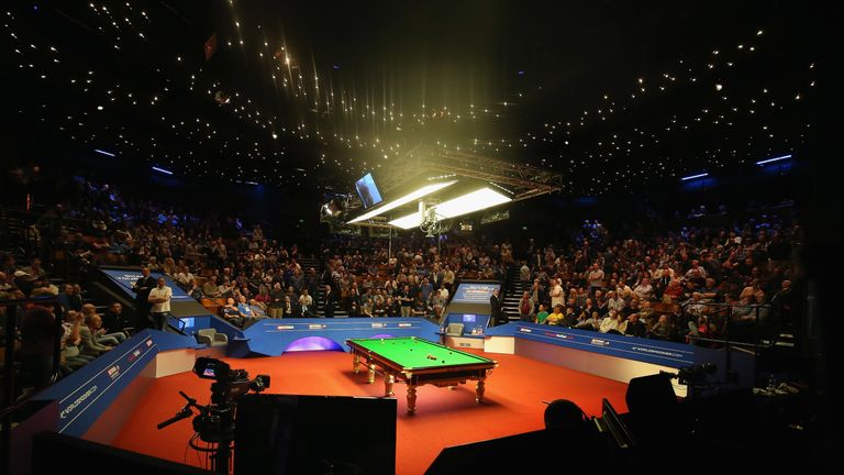 A general view of the arena during a break in the semi final match between Marco Fu of Hong Kong and Mark Selby of England on day fourteen of the World Championship Snooker at Crucible Theatre on April 29, 2016 in Sheffield, England. 