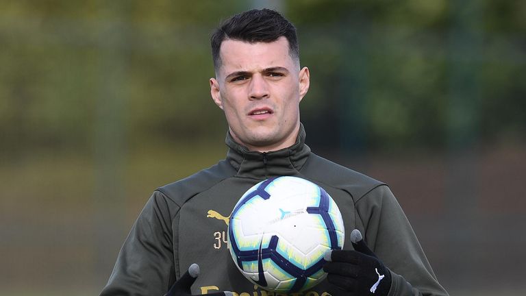 Granit Xhaka of Arsenal during a training session at London Colney on March 09, 2019 in St Albans, England.