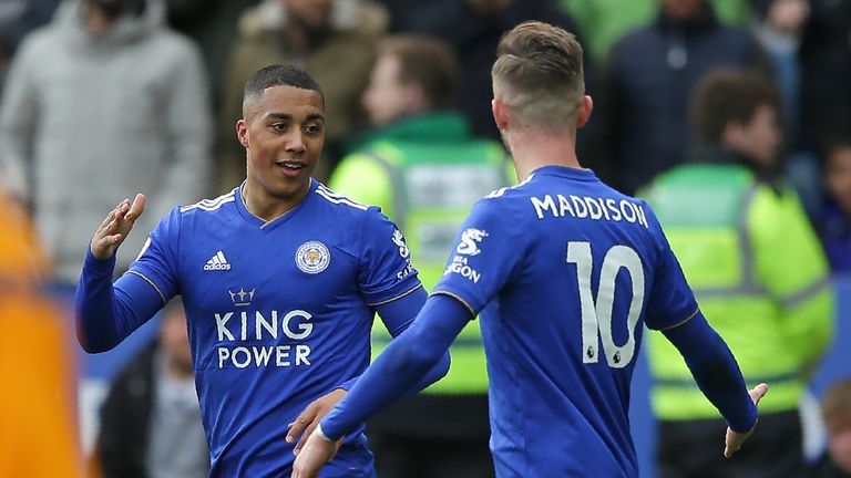 Youri Tielemans celebrates with James Maddison after giving Leicester the lead