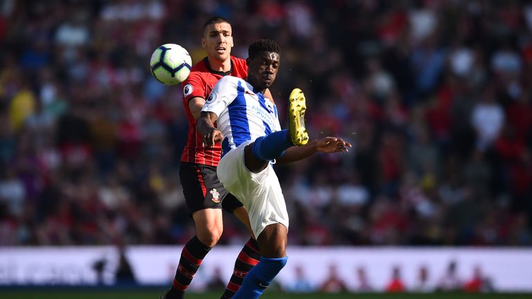 Brighton's Yves Bissouma and Oriol Romeu of Southampton in action at the AMEX Stadium